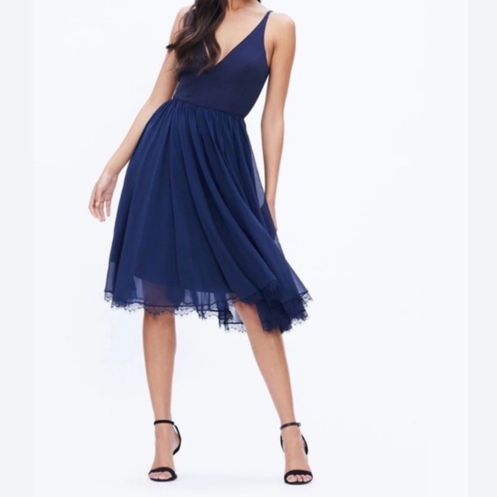 Dress The Population Alicia Chiffon V-Neck Sleeveless Midi Dress Navy